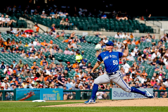 Jul 2, 2022; Detroit, Michigan, USA; Kansas City Royals starting pitcher Kris Bubic (50) pitches in the third inning against the Detroit Tigers at Comerica Park. Mandatory Credit: Rick Osentoski-USA TODAY Sports